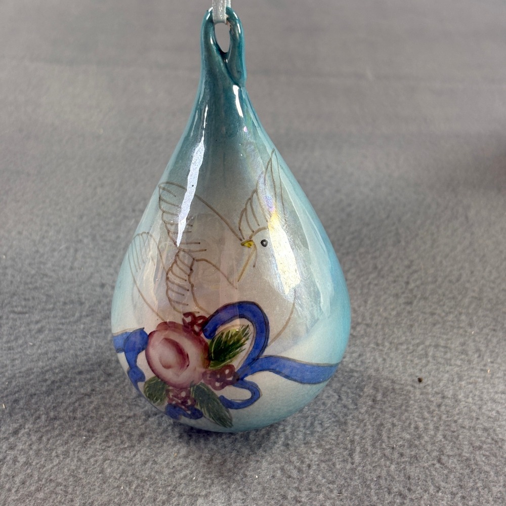 Vintage Hand Painted Ceramic Teardrop Ornament Blue White Dove Floral Peace